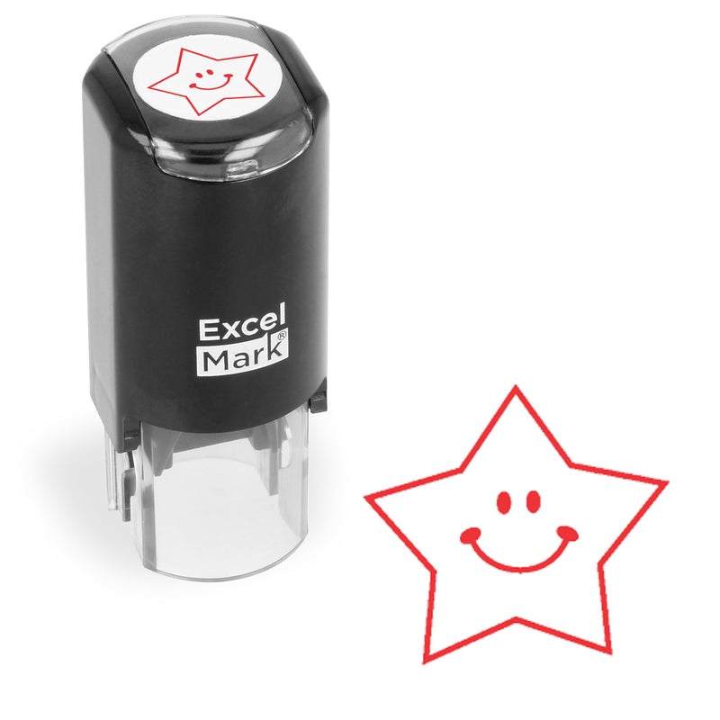 ExcelMark Round Teacher Stamp - Happy Star - RED Ink - Image 1